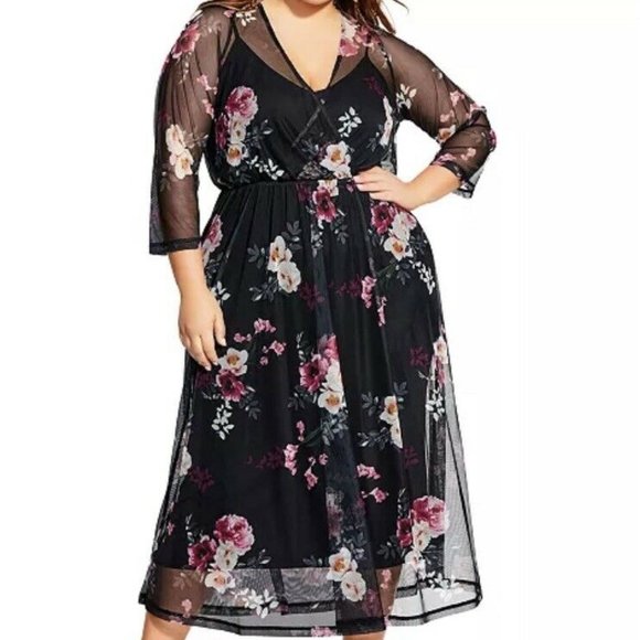 City Chic Dresses & Skirts - Women's City Chic Sheer Mesh Floral Overlay Black